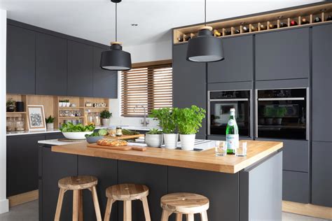 grey kitchen with black cabinets